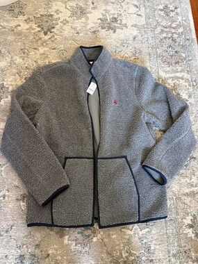 NWT Brooks Brothers Gray Sherpa Fleece Jacket with Navy Trim